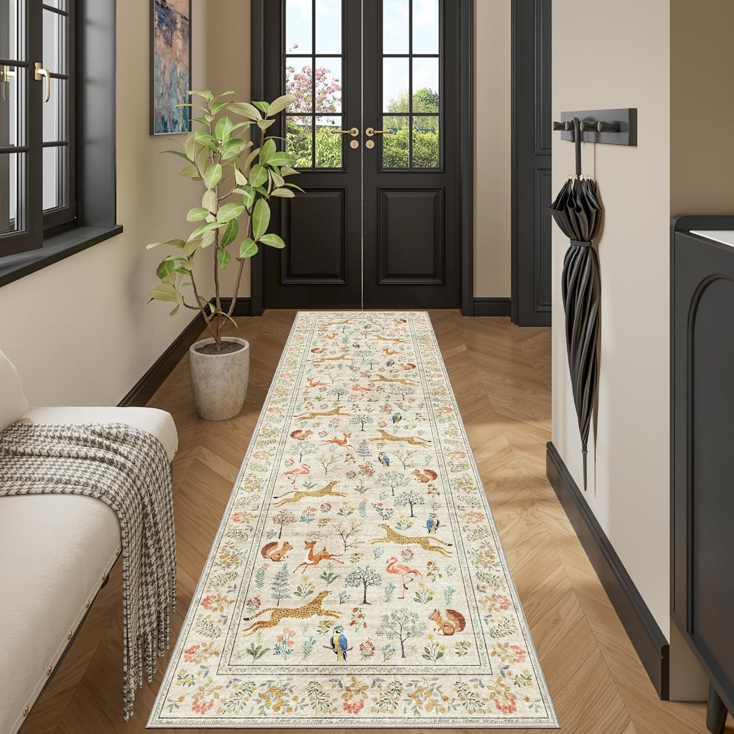 DUKINO 2x6 Rug for Hallway, Washable Kitchen Runner Rug with Non Slip Backing, Soft Low Pile Vintage Animal Runner for Bedroom, Kitchen, Hallway, Entryway, Laundry, Beige