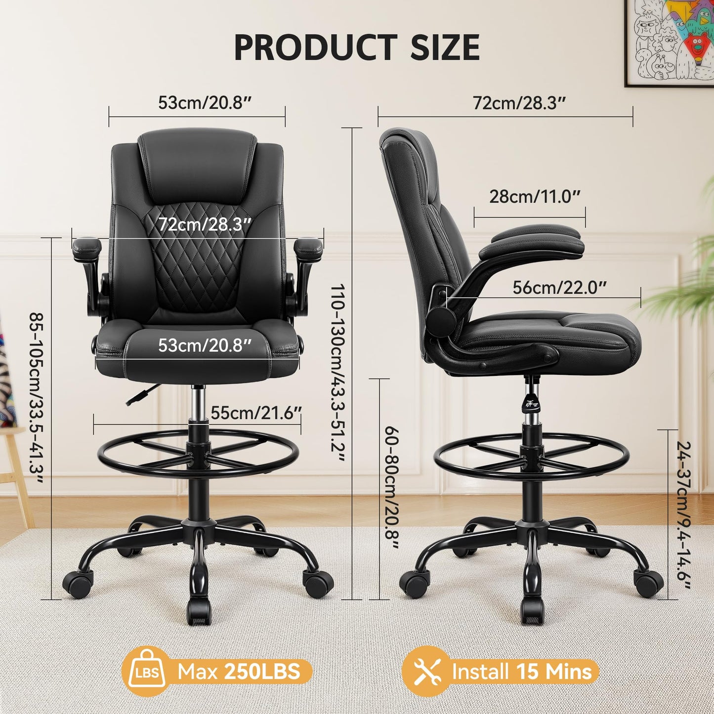 Drafting Chair,Tall Office Chair for Standing Desk,High Executive Leather Ergonomic Computer Chair with Adjustable Height and Flip-Up Armrest for Counter Height Desk,Black