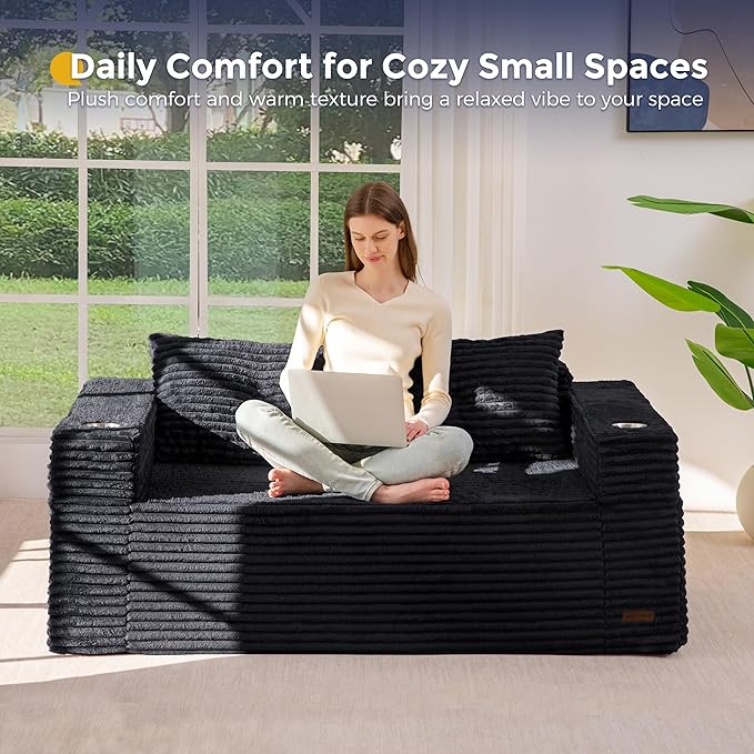 MAXYOYO 63" Boneless Loveseat Sofa Couch for Small Spaces, Mini Love Seat Floor Couch with Cup Holders and Pillows, 2-Seater Upholstered Cloud Couch for Bedroom Apartment, No Assembly Required