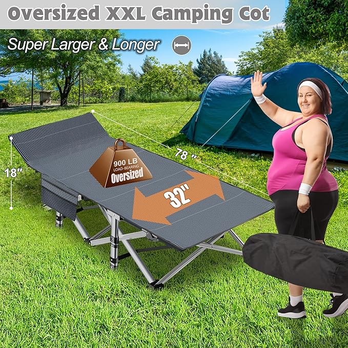 ABORON XXL Camping Cot for Adults 900LBS - 78"×32" Oversized Folding Bed with Mattress Pad, Heavy Duty 1200D Oxford Outdoor Cot with Carry Bag