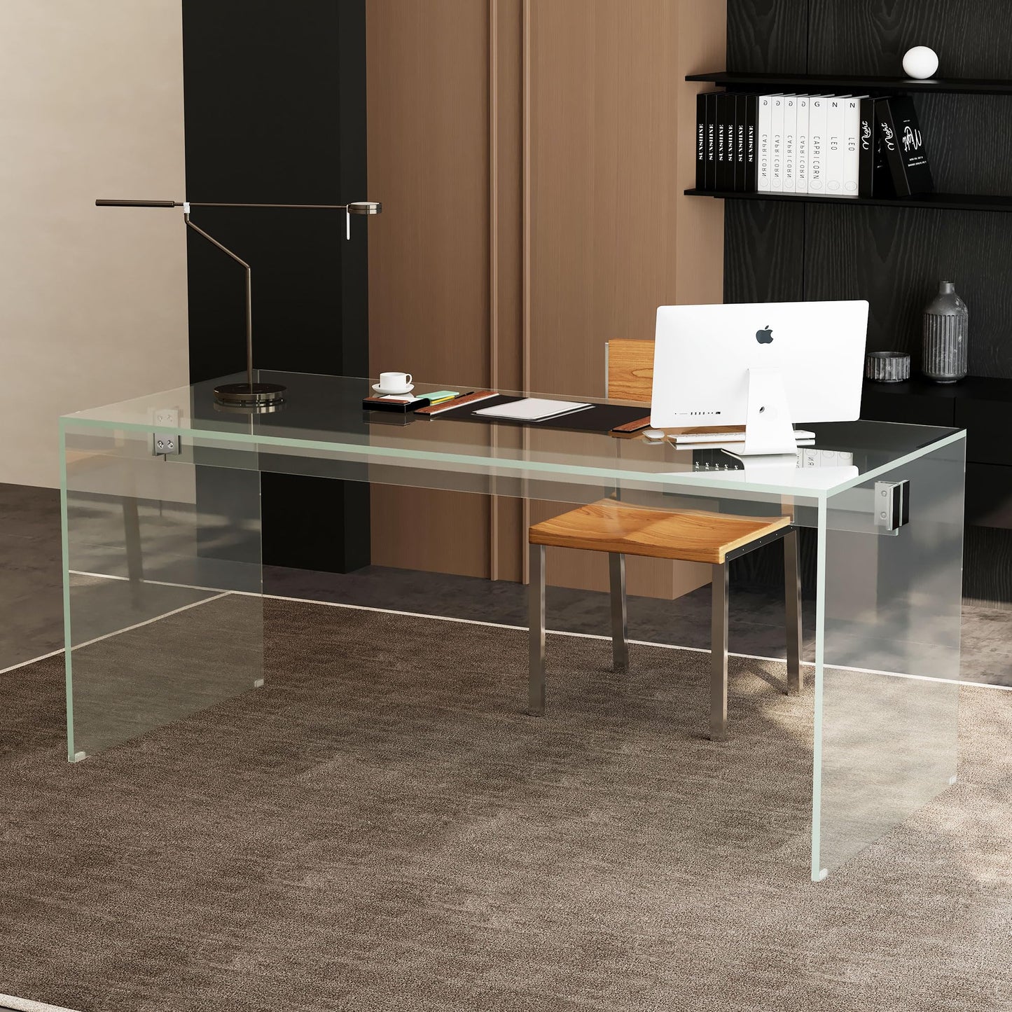 gaoyangjiaju Clear Tempered Glass Writing Desk – Minimalist Modern Computer Table with Metal Joints for Home Office or Study