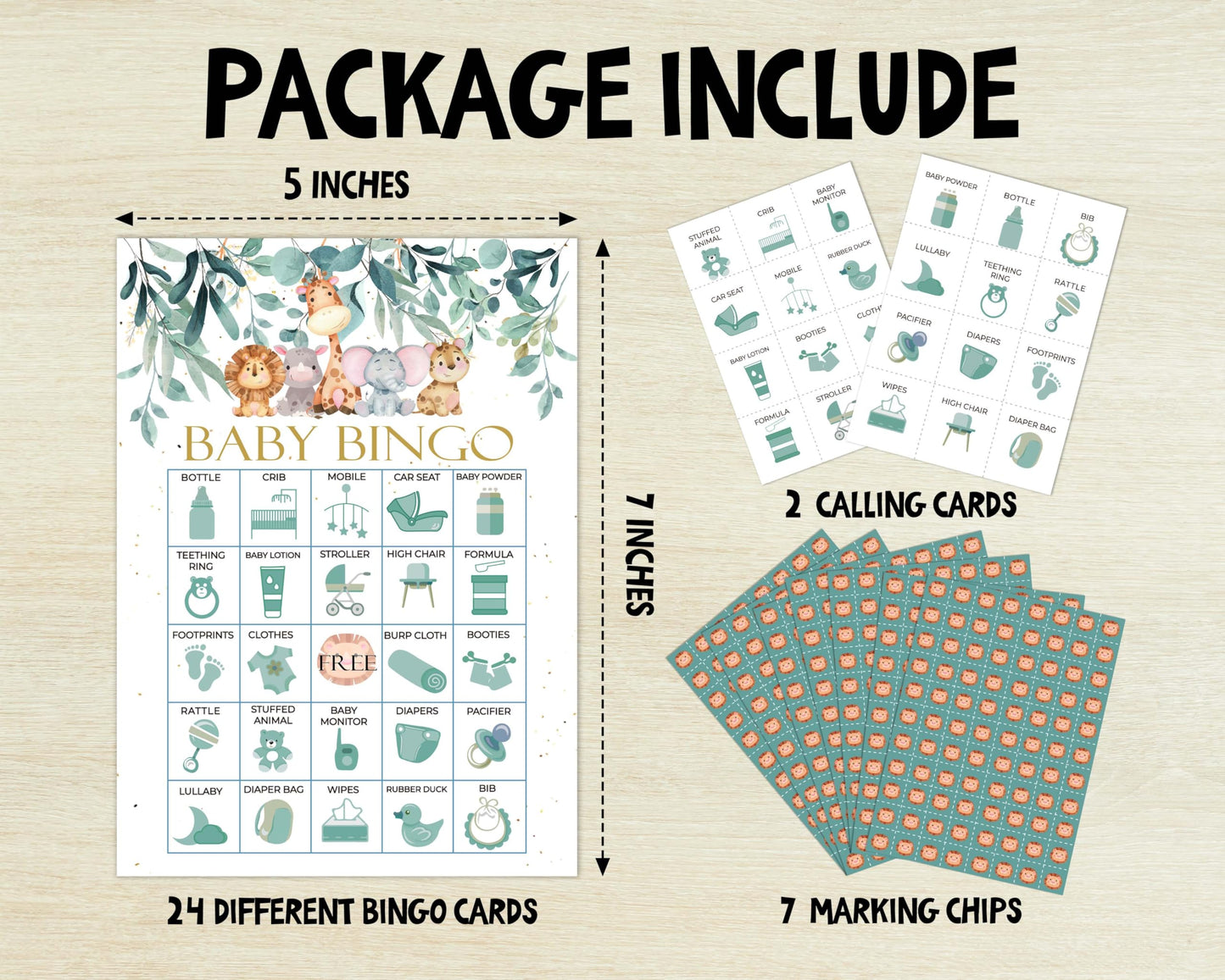 Safari Bingo Games Cards, Jungle Animals Bingo Game Set, Greenery Baby Shower Bingo Party Game, Gender Reveal Party Bingo Supplies for Adults, Baby Shower Party Decorations -04