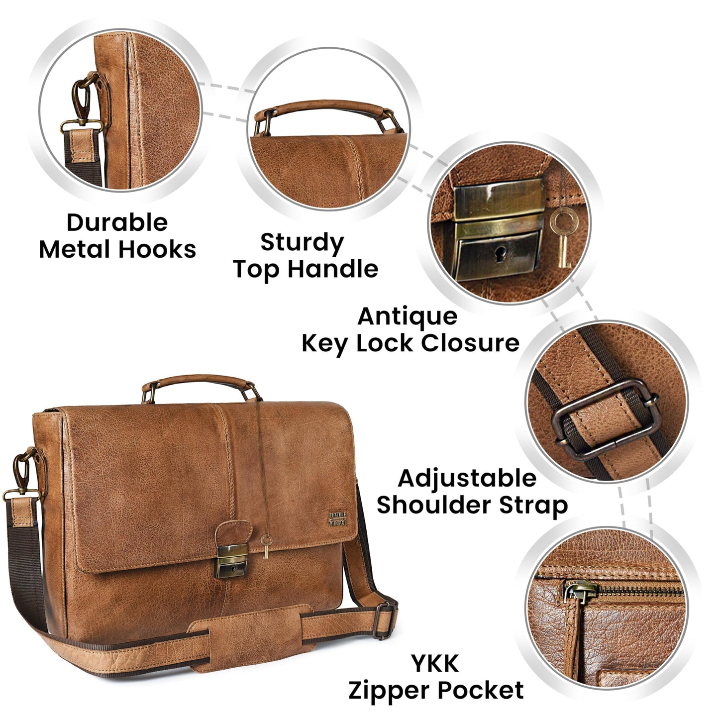 LEATHER VILLAGE Leather Messenger Bag for Men & Women, 16 Inch Handmade Laptop Briefcase Satchel, Crossbody Shoulder Office Bag for Work, Travel & Business - Cognac Brown