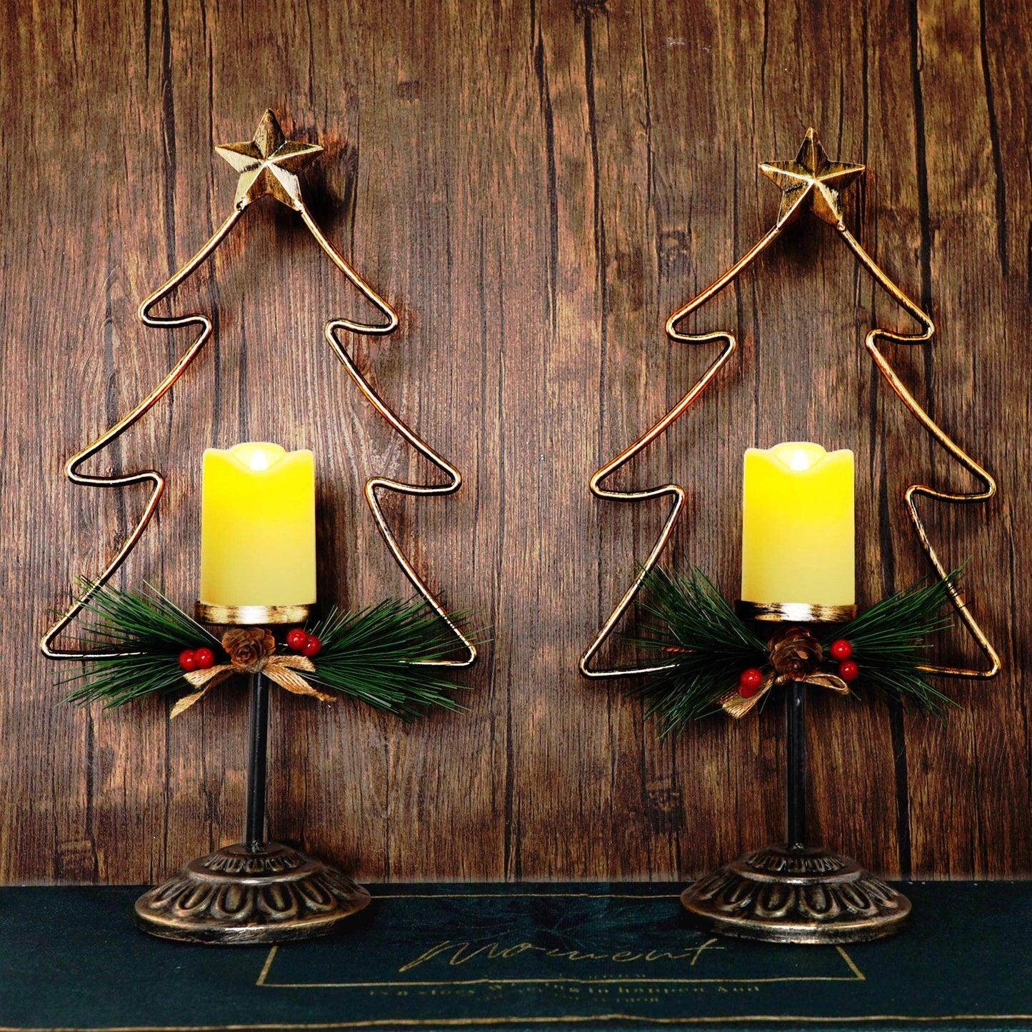 Lulu Home Lighted Christmas Table Decorations, 2 Pack 15.7 Inch Christmas Tree with Battery Operated Candle Lights, Light Up Christmas Tabletop Decorations, Xmas Holiday Winter Tabletop Desk Ornament