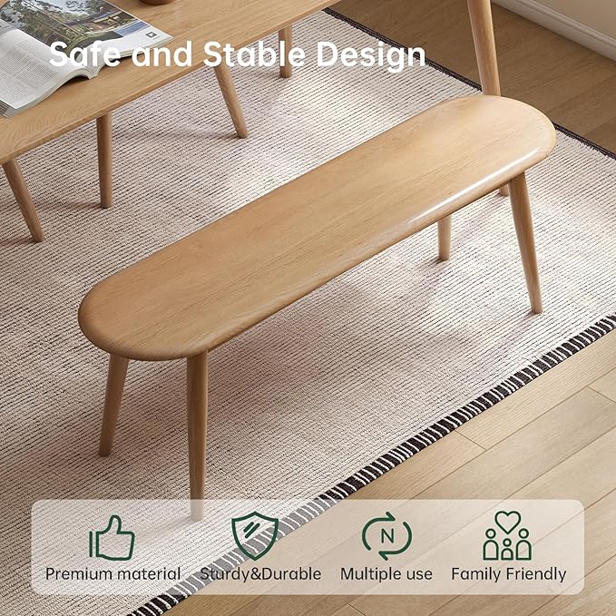 Vadisun 47'' 100% Solid Oak Wood Dining Bench,Rounded Corner Baguette Shape Chair Surface Design,Entryway Bedroom Bed End Bench (47.3inch, Natural Oak)