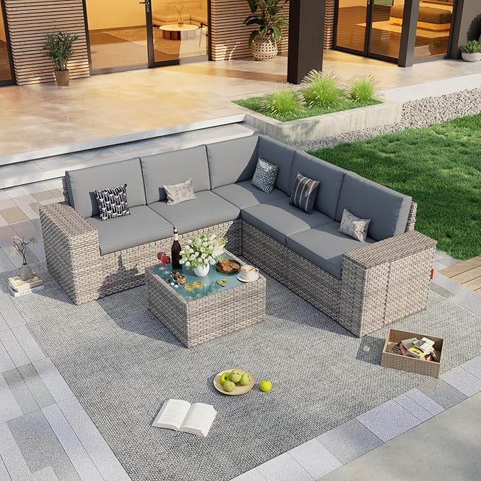 PCSXDSW 6-Piece Outdoor Patio Furniture Set, Rattan Wicker Conversation Set with Wide Armrests, Outdoor Modular Sectional Couch Seating Group Sofa for Deck Garden Porch (Gray Cushions)