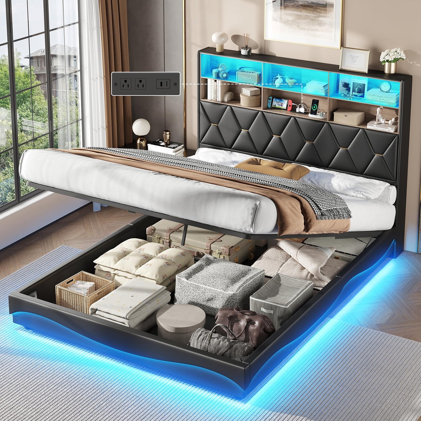 Fameill Queen Size Lift Up Storage Bed Frame, Bookcase Storage Headboard with Charging Station, LED Lights Upholstered Platform Bed, No Box Spring Needed, Noise-Free, Black