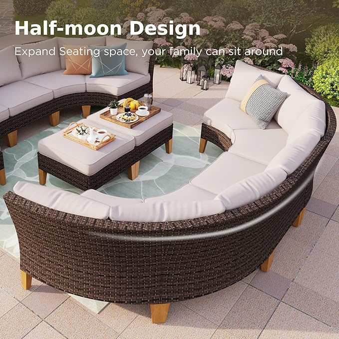 PHI VILLA 8-Piece Wicker Patio Furniture Set, Outdoor Half-Moon Curved Sectional Sofa with Cushions, 2 Ottomans, Large Conversation Seating for Garden or Backyard, Beige