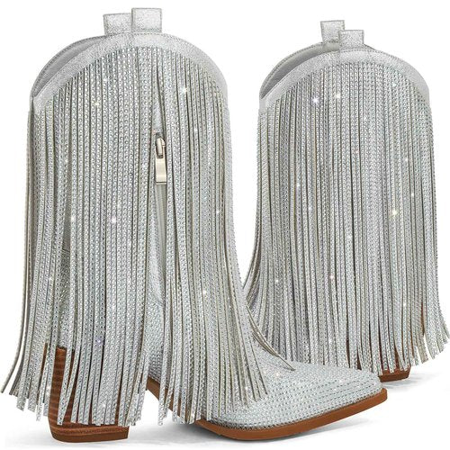 Ouepiano Cowboy Boots for Women - Cowgirl Rhinestone Boots with Sparkly Fringe Pointed Toe Western Boot Chunky Heel Pull-On Wide Calf Silver Botas Vaqueras Size 8