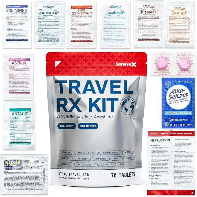 SurviveX Travel Medicine Kit - Compact TSA-Approved Medication Pack for Travel, Camping, Cruises - Includes Over-The-Count...