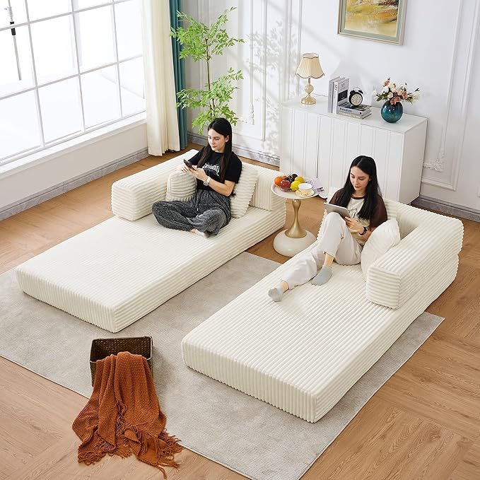 79.5" Folding Convertible Sofa Bed with Side Storage Pockets, 4-in-1 Corduroy Boneless Couch, No Assembly Loveseat Sleeper, Floor Sofa Daybed Futon Couch for Living Room Bedroom Lounge, Beige Upgraded