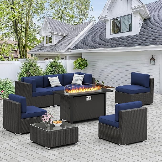 Crownland 8-Piece Outdoor Patio Furniture Sets with 45” Propane Gas Fire Pit Table, All-Weather Black Wicker Rattan Sectional Sofa with Coffee Table(Dark Blue)