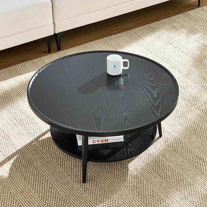 Saint Mossi Black Wood Coffee Table for Living Room, Mid Century Modern Round Coffee Table, 2-Tier Center Table for Small Space, Black, W31xH15