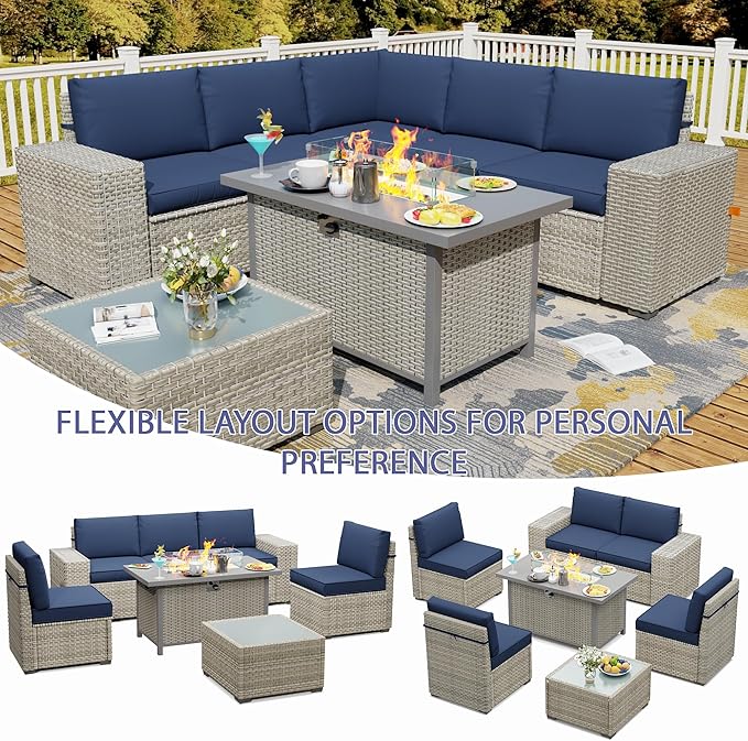 Broivira 7 Piece Patio Furniture Set with 50,000 BTU Rattan Fire Pit Table That Converts to Coffee Table, 9.8" Wide Arm Sectional Sofa with Storage Armrests, Outdoor Rattan Conversation Set, Blue