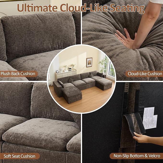 155''Cloud Boneless Sectional Couch, Modular Sectional Sofa Deep Seat with 2 Ottomans, Oversized Upholstered Convertible Comfy 6 Seater Chenille Sofa U Shape Couches for Living Room, Brown