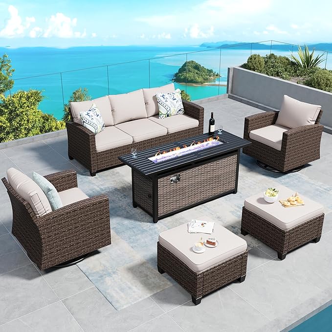 SUNSHINE VALLEY Swivel Glider Patio Furniture Set Outdoor Furniture Brown Wicker Rattan Patio Conversation Sets with Cushion Outside Sofa Set,5 Pieces with Rectangular Firepit Table,7 Seats,Beige