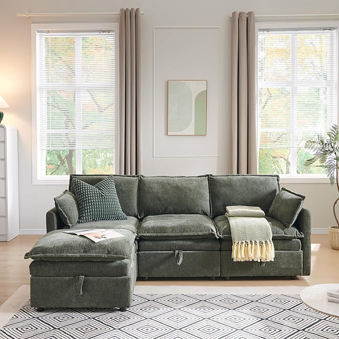85.83" Sectional Couches for Living Room, Cloud Couch Sectional with Large Storage Ottoman, L-Shape Modular Sectional Sofa with 5 Seater Chenille Sofa and Pillow for Apartment, Bedroom, Green