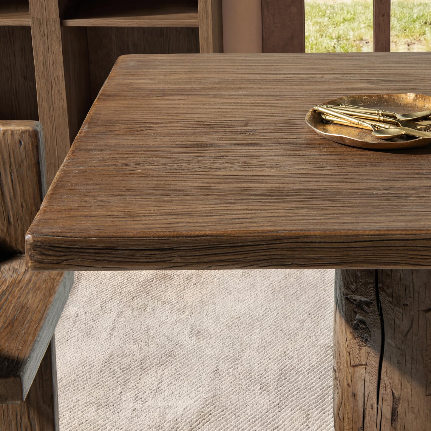 Jennifer Taylor Home Arbor 84" Solid Reclaimed Elm Double Pedestal 8-Person Dining Table, Heritage Medium-Dark Brown Reclaimed Elm