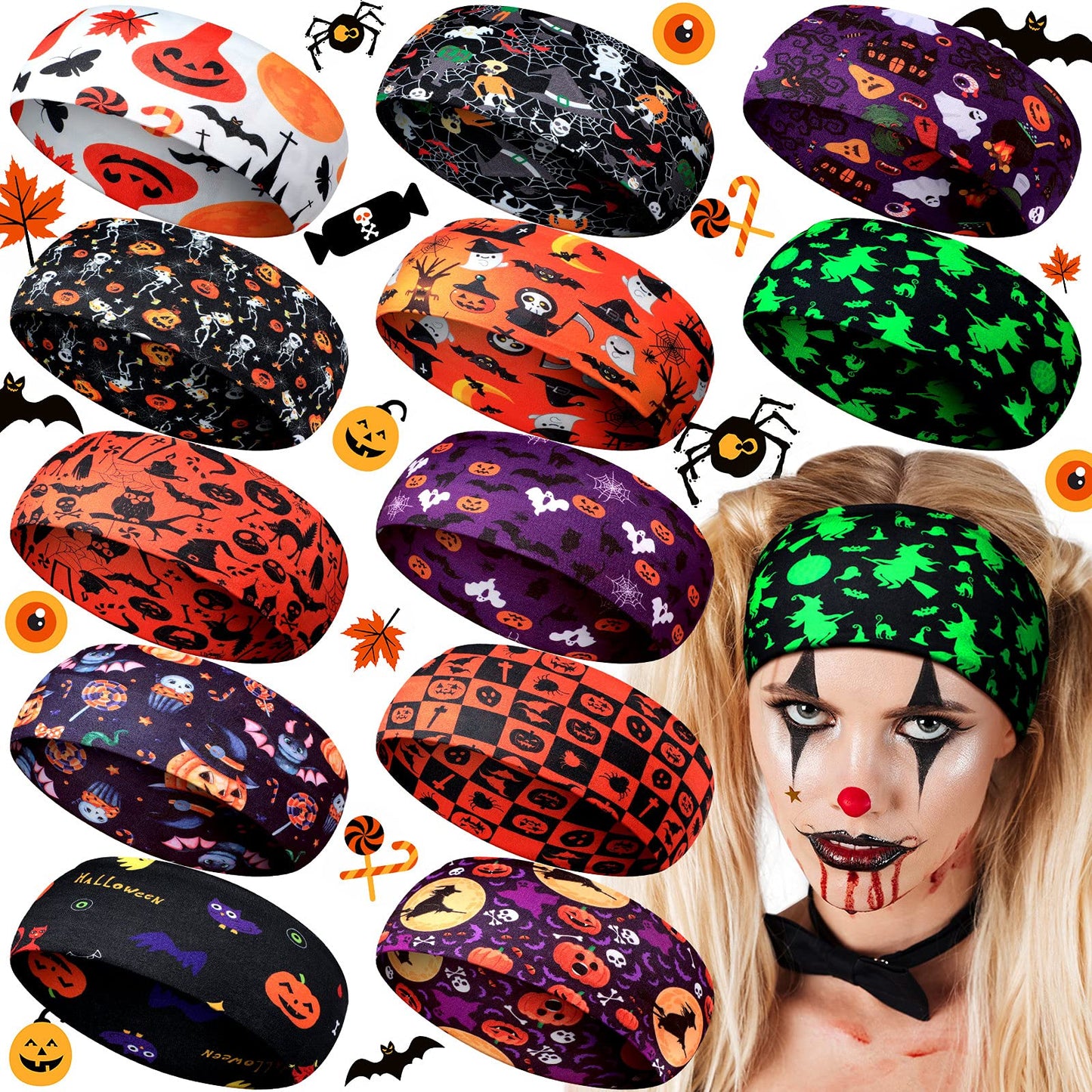 Waydress 12 Pcs Halloween Headbands for Women Halloween Hair Accessories Pumpkin Ghost Skeleton Stretchy Breathable Non Slip Hai