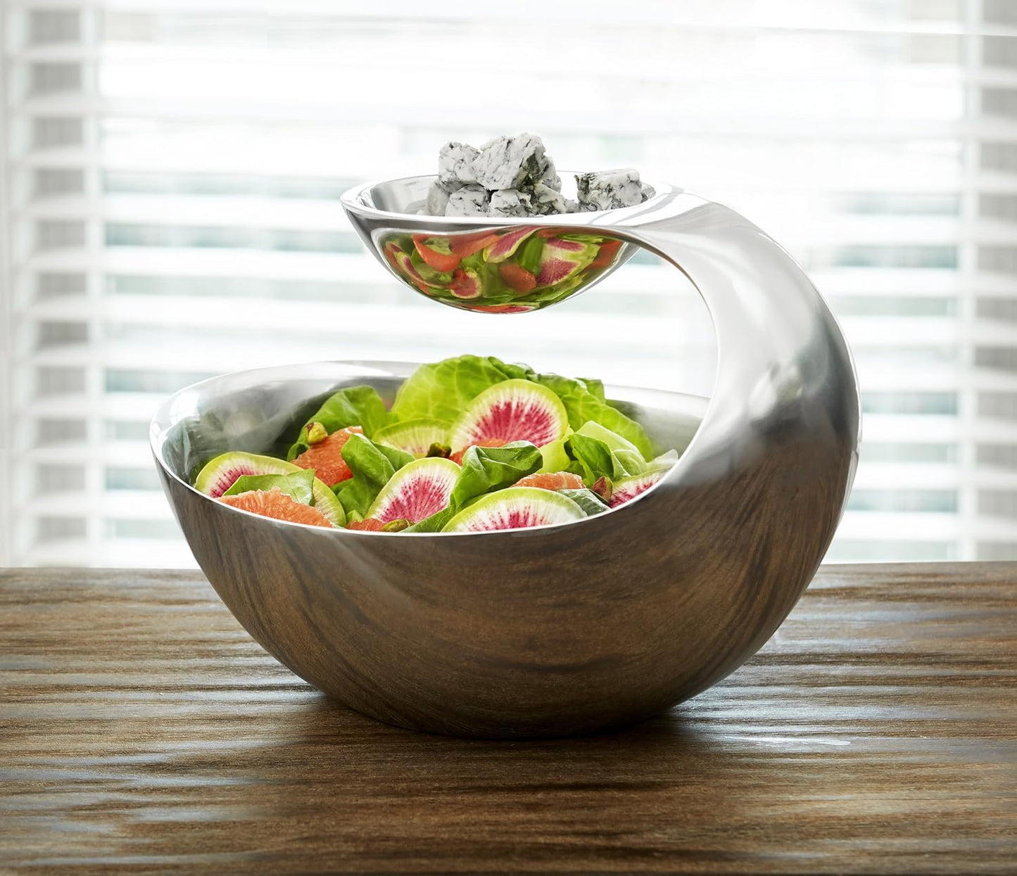 nambe Scoop Server, Mini | Two-Tiered Chip and Dip | Cold & Hot Appetizer Serving Bowl | Made of Metal Alloy | 7” D x 5.5” H | Designed by Wei Young (Silver)