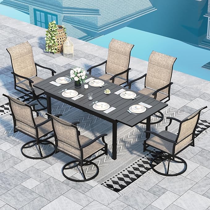 Sophia & William 7 Piece Outdoor Patio Dining Set, Patio Furniture Set with 6 Swivel High Back Patio Dining Chairs and Expandable Metal Table, Textilene Fabric for Backyard, Poolside, Balcony