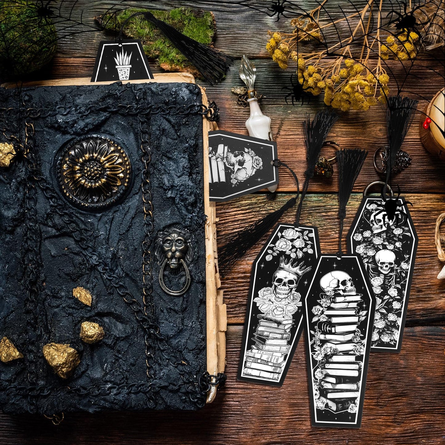 Kolldenn 120 Pcs 12 Styles Gothic Skeleton Coffin Bookmarks Double Sided Book Tracker Skull Horror Bookmark Gothic Book Marker with Black Tassels for Reading Lovers Gifts Accessories (Halloween)
