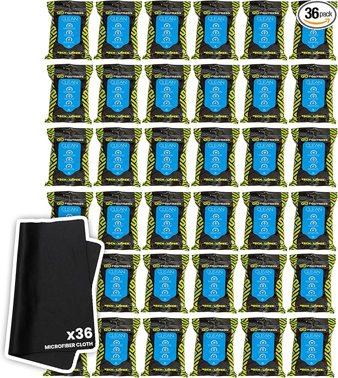 Fortress Electronic Wipes With Microfiber Cloth (25 ct, Pack of 36) To-Go Tech Wipes for Screens, Phones, Keyboards, TV Monitors, Computer Screens, and More [Travel Size] Skin-Safe