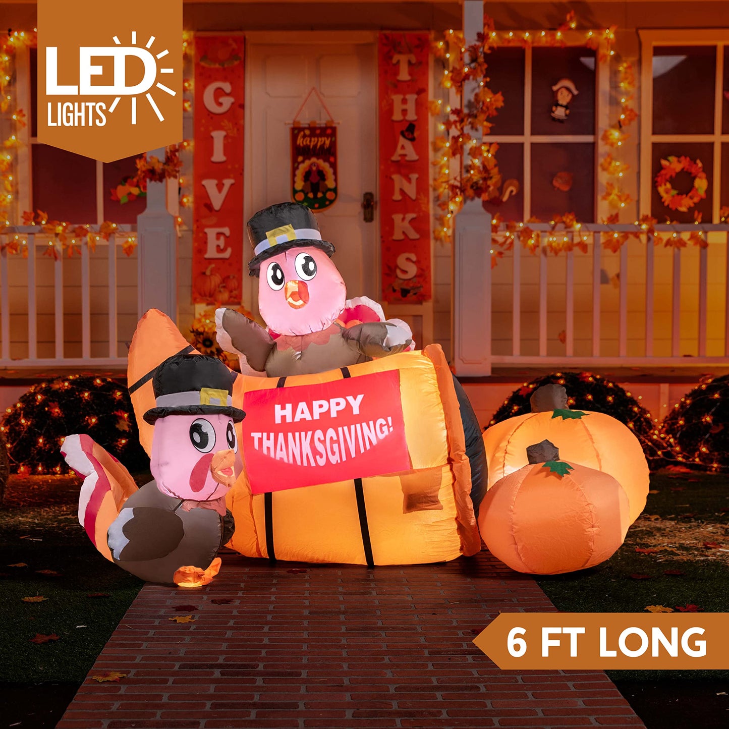 Joiedomi Thanksgiving Inflatable Decoration 6 FT Long Turkey Cornucopia Inflatable with Built-in LEDs for Thanksgiving Party Indoor, Outdoor, Yard, Garden, Lawn Fall Decor