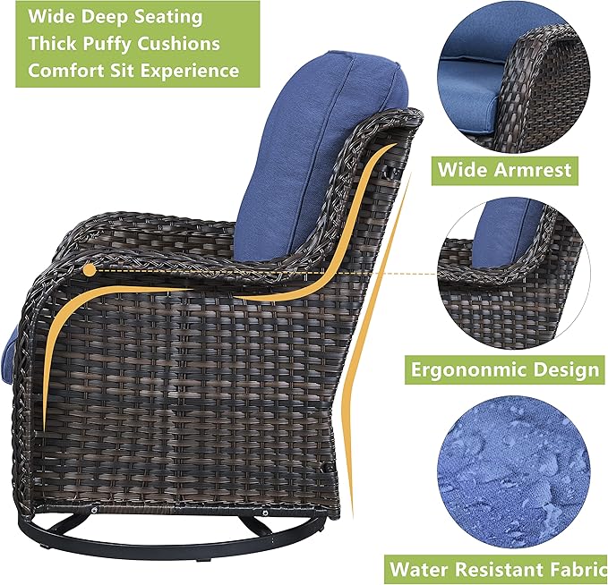 Rilyson Patio Furniture Swivel Chairs Set - 5 PC Wicker Rattan Outdoor Sectional Conversation Sets with 2 Swivel Rocking Chairs,2 Ottomans and 1 Side Table for Porch Deck(Brown/Blue)