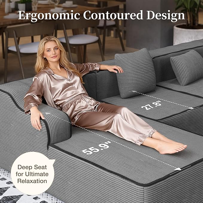 SUNSHINE VALLEY Cloud Sectional Couch for Living Room, 104'' L-Shaped Modular Sofa with Chaise, Modern Corduroy Boneless Couch with Deep Seat, No Assembly Required, Grey