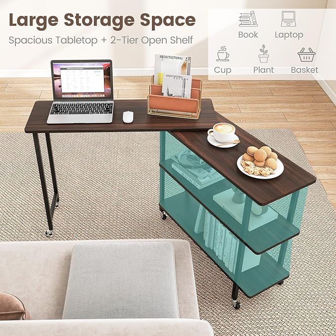 Giantex 360° Free Rotating Sofa Side Table, Mobile L-Shaped Laptop Desk with Sturdy Metal Frame, 6 Universal Casters, Movable Couch Snack Table with 2-Tier Storage Shelf for Home (Walnut)