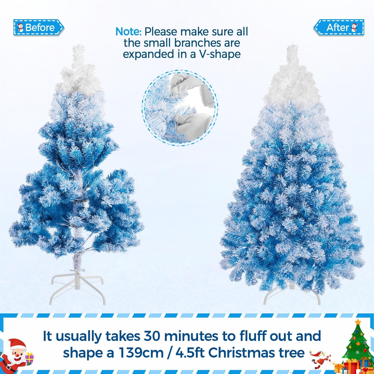 Yaheetech 4.5ft Pre-lit Artificial Christmas Tree W/Incandescent Warm White Lights, Flocked Full Prelighted Xmas Tree with 340 Branch Tips, 150 Incandescent Lights & Foldable Stand, Lake Blue Gradient