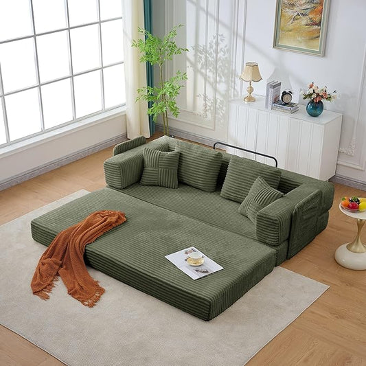 79.5" Folding Convertible Sofa Bed with Side Storage Pockets, 4-in-1 Corduroy Boneless Couch, No Assembly Loveseat Sleeper, Floor Sofa Daybed Futon Couch for Living Room Bedroom Lounge, Green Upgraded