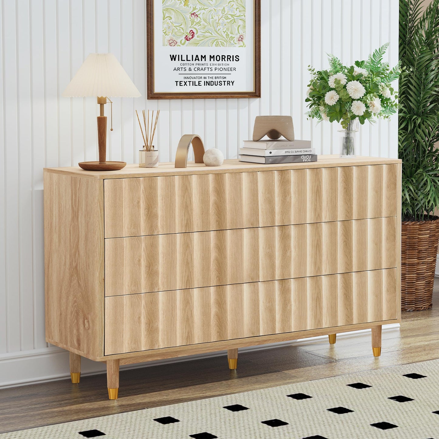 Caspellaire Fluted 6 Drawer Dresser, 53" Wide Modern Chest of Drawer, Dresser TV Stand,Wood Drawer Organizer for Bedroom, Living Room, Hallway