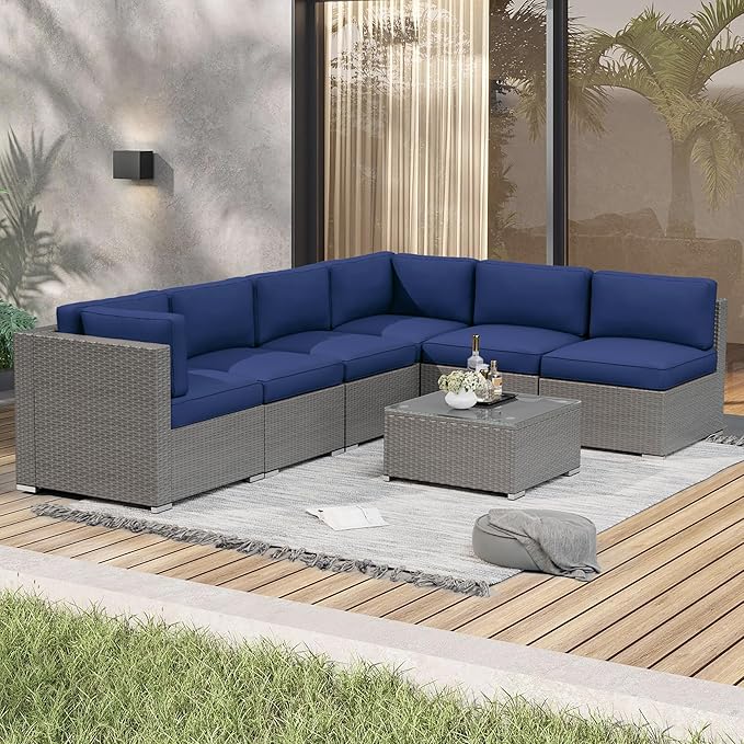 Crownland 7-Pieces Outdoor Patio Furniture Sets, All-Weather Grey Wicker Rattan Sectional Sofa, Modern Glass Coffee Table and Washable Seat Cushion with YKK Zipper (Dark Blue)