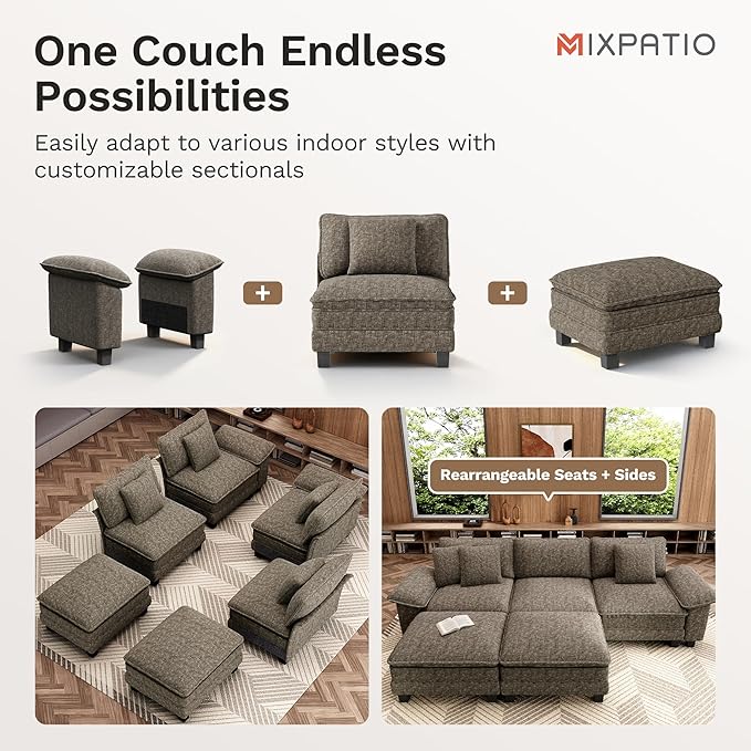 MIXPATIO 157-Inch L Shaped Sectional Sofa with Cloud Cushions, Deep Seat Modular Couch Set w/ 5 Seats & 1 Ottomans, Removable Arms, Plush Chenille Upholstery for Living Room, Apartment - Smoky Gray