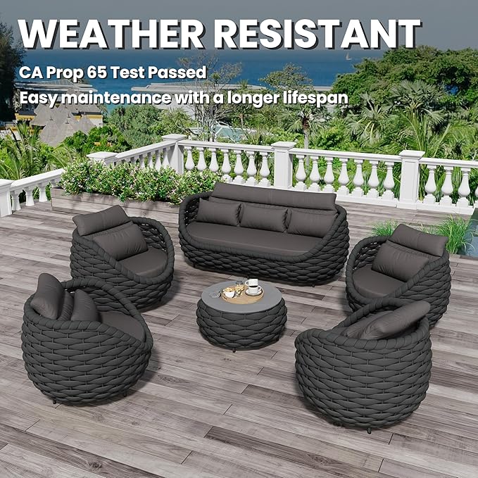 Erotr Aluminum Rope Patio Furniture Set: 6 Pieces Assembled Outdoor Conversation Sofa Set for 7 - Modern Metal Couch Set Cushioned - All Weather Porch Seating for Deck Garden Lanai Hotel, Dark Gray