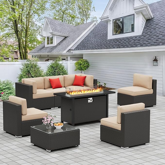 Crownland 8-Piece Outdoor Patio Furniture Sets with 45” Propane Gas Fire Pit Table, All-Weather Black Wicker Rattan Sectional Sofa with Coffee Table(Light Brown)