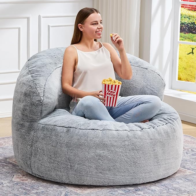 Hobestluk Bean Bag Chair Giant Bean Bag Chairs for Adults Big Bean Bag Chair with Memory Foam Filler Adults Large Beanbag with Faux Fur Cover for Bedroom (Plush Grey,Large)