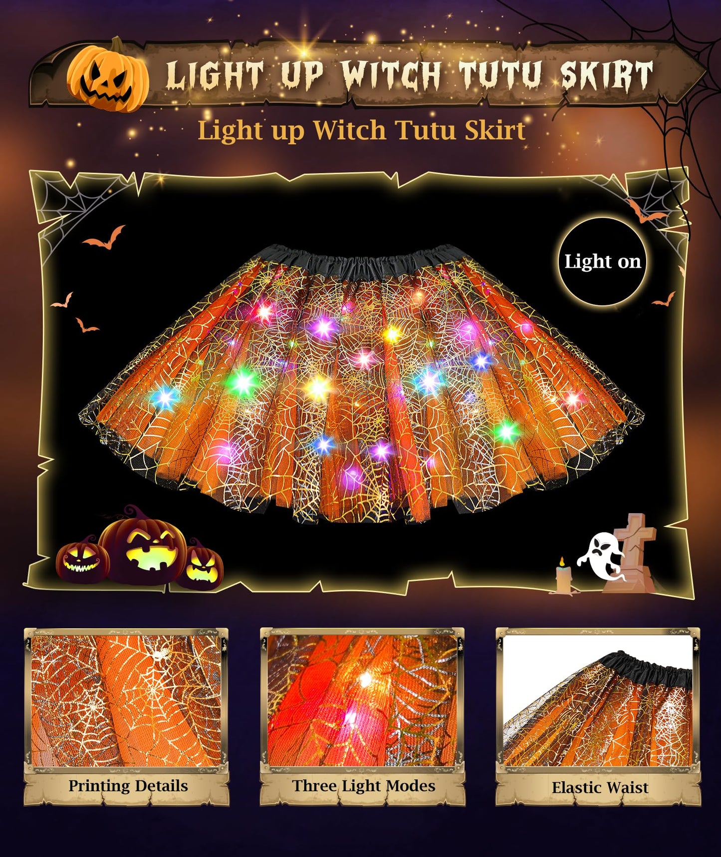 Jeowoqao Girls Halloween Dress up，Light up Witch Costume for Girls, Witch Skirt Broom Hat Treat Bag for Toddler Aged 3 4 5 6