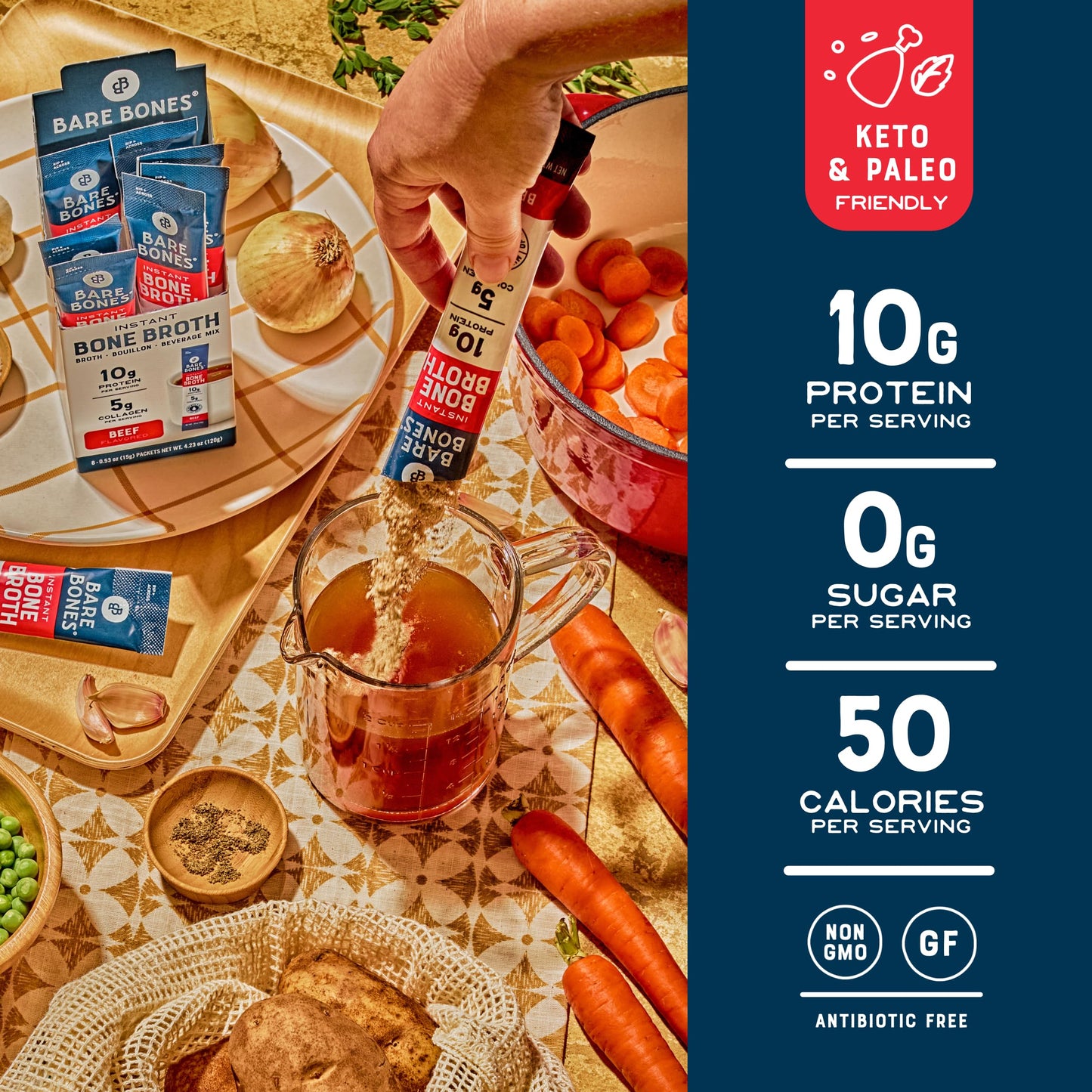 Bare Bones Beef Bone Broth Instant Powdered Mix Packets | 5g Collagen | 10g Protein | Keto & Paleo Friendly | No Artificial Flavors | Rich Savory on-the-go 16 Pack