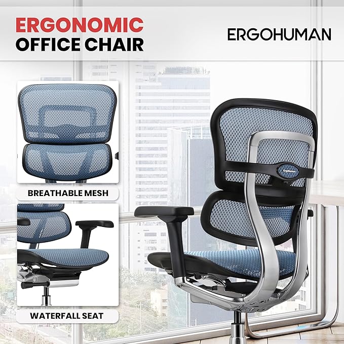 Ergohuman Eurotech ME8ERG GEN2 High Back Mesh Office Chair with Tilt Tension Control, Tilt Lock, Back Angle, Back Height, Synchro Tilt, Seat Height, Seat Depth, and Arm Height Adjustments, Blue