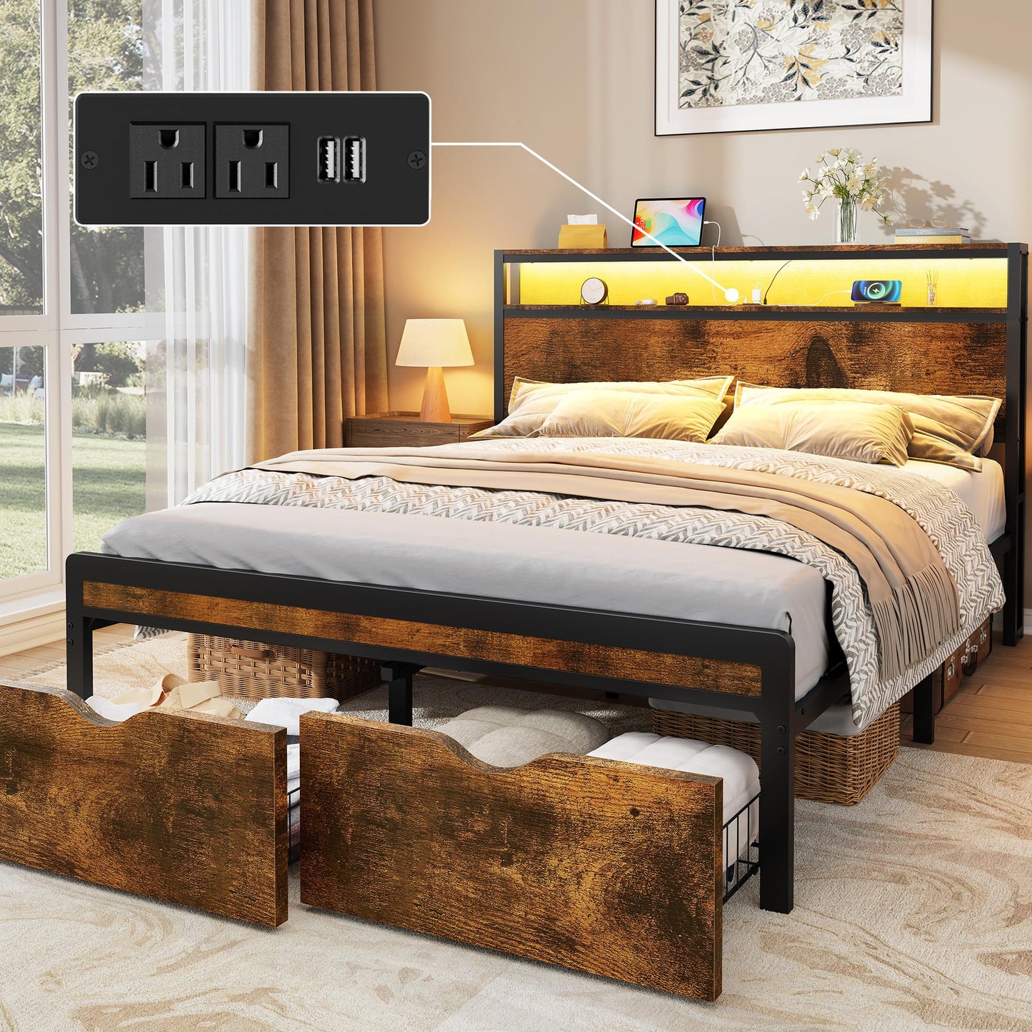 FAVOOSTY Queen Bed Frame with 2-Tier Headboard, Metal Platform Bed Frame with 2 Storage Drawers, LED Lights and Charging Station, Noise Free, No Box Spring Needed, Easy Assembly, Black Brown