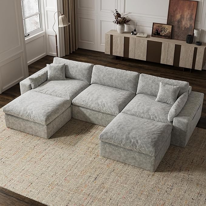 125'' Oversized Boneless Sectional Couches for Living Room, Deepseat Boneless Cloud Modular Sectional Sofa with Ottoman, No Assembly Required L-Shape Cloud Sofa, Plush Fabric, Light Gray