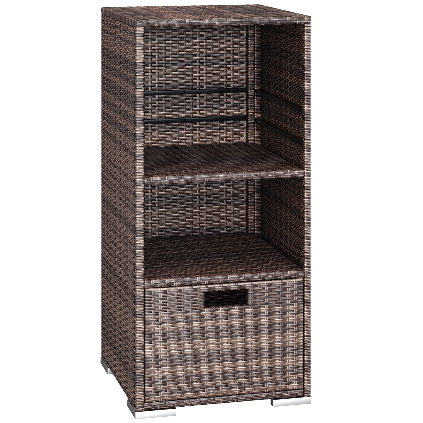 Greesum Rattan Storage Shed, Outdoor Towel Rack with 2 Storage Shelves & 1 Bottom Drawer, Suitable for Pool Patio Garden Deck, Brown