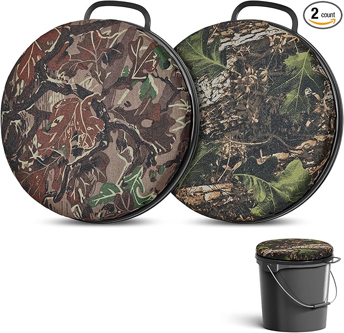 2 Pcs 5 Gallon Bucket Seats 360 Degree Swivel Bucket Seat Cushion Camouflage Ice Fishing Cushion Waterproof Cover for Hunt...