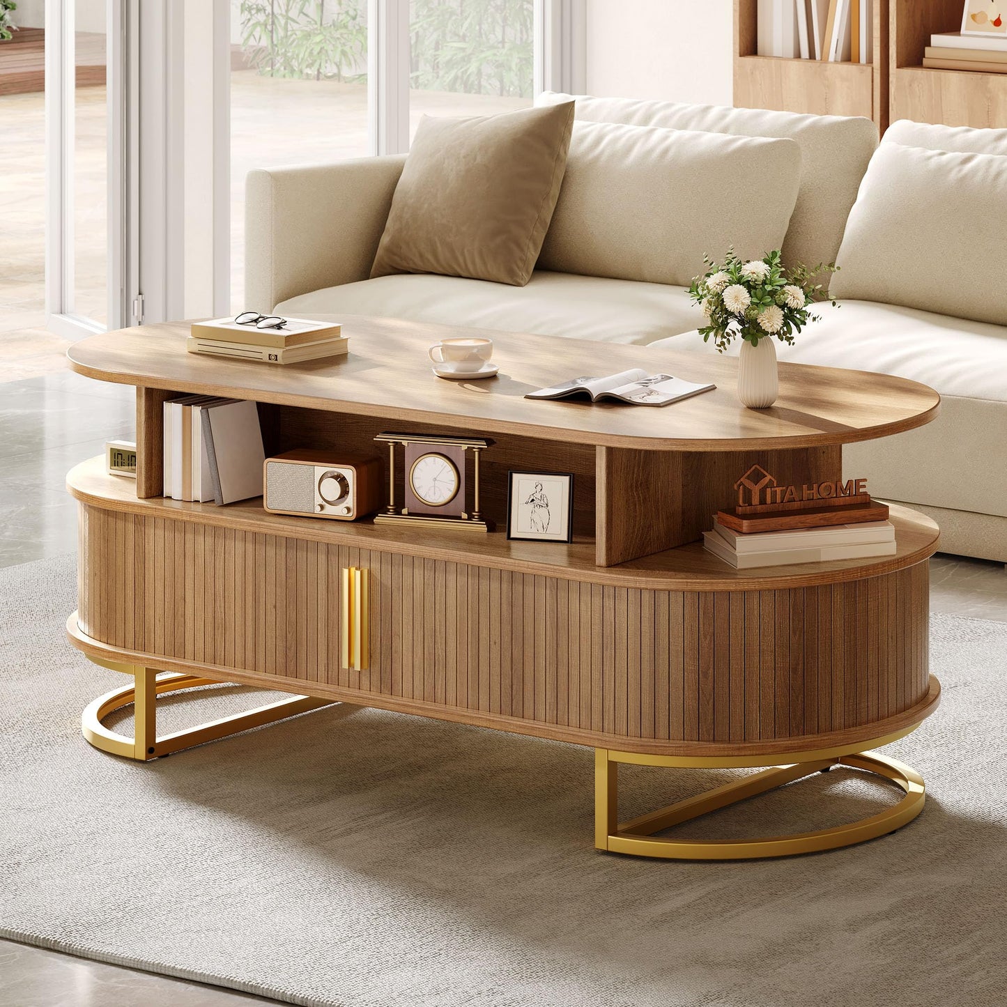 YITAHOME Coffee Table, Coffee Tables for Living Room with Sliding Doors & Large Storage, Modern Wooden Coffee Table with Gold Handles, Metal Base for Living Room, Natural Oak