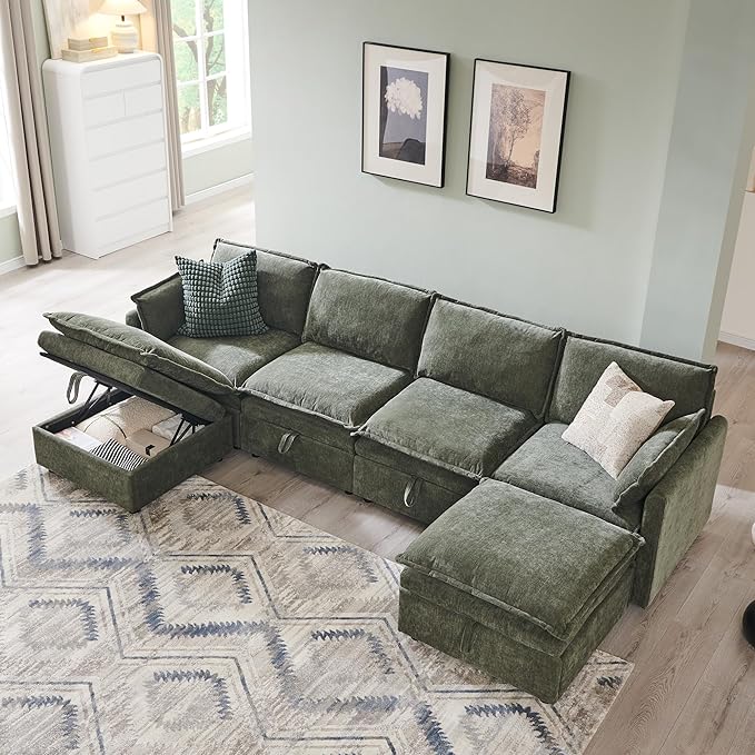wow97e 116.54" U Shaped Sectional Couches for Living Room, Modern Cloud Couch Sectional with Large Storage, 6-Seat Modular Sectional Sofa with Ottoman and Pillow for Apartment, Bedroom, Green