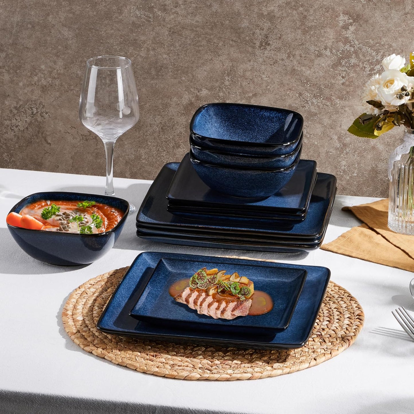 E-far Square Dinnerware Sets for 8, 24-Piece Stoneware Plates and Bowls Dishes Set, Reactive Glaze Porcelain Dishware Sets, Chip & Scratch Resistant, Microwave & Dishwasher Safe, Deep Sea Blue
