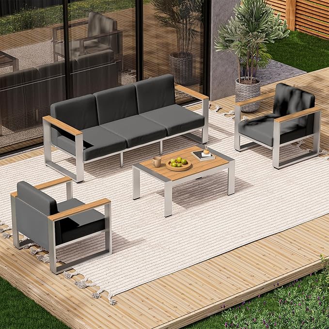 ComfCove Aluminum Patio Furniture Set, 5 Seats Outdoor Patio Conversation Sets with Ergonomic Seat and Wide Washable Thick Cushions, Modern Outdoor Sectional Furniture for Balcony, Porch